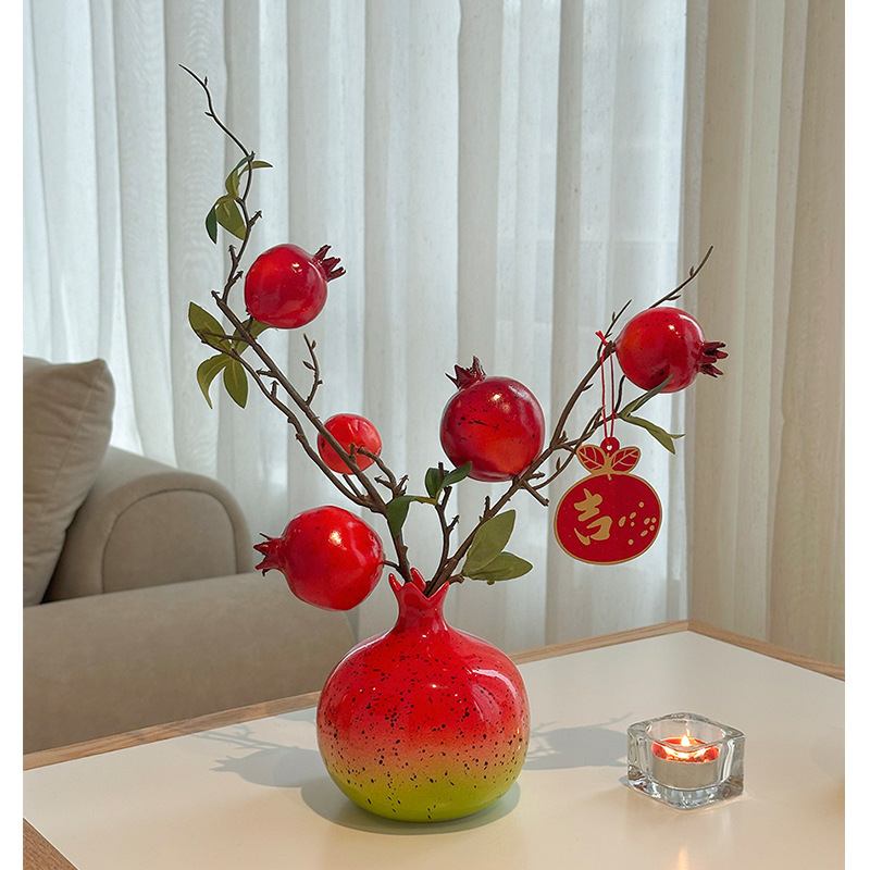 花瓶石榴陶瓷新年乔迁礼物花瓶感高级摆件仿真石榴红色水果新中式