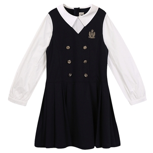 IVY HOUSE常春藤儿童装女童秋季款 学院风假两件撞色连衣裙亲子装