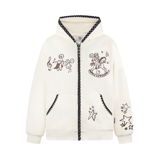 文文不乖美式复古刺绣连帽卫衣女加绒加厚宽松开衫情侣外套