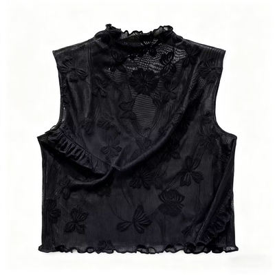 叠穿蕾丝假领子女百搭高档木耳边半高领无袖背心网纱打底衫内搭