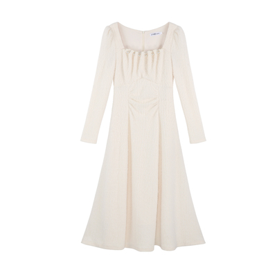 小香风白色方领针织连衣裙