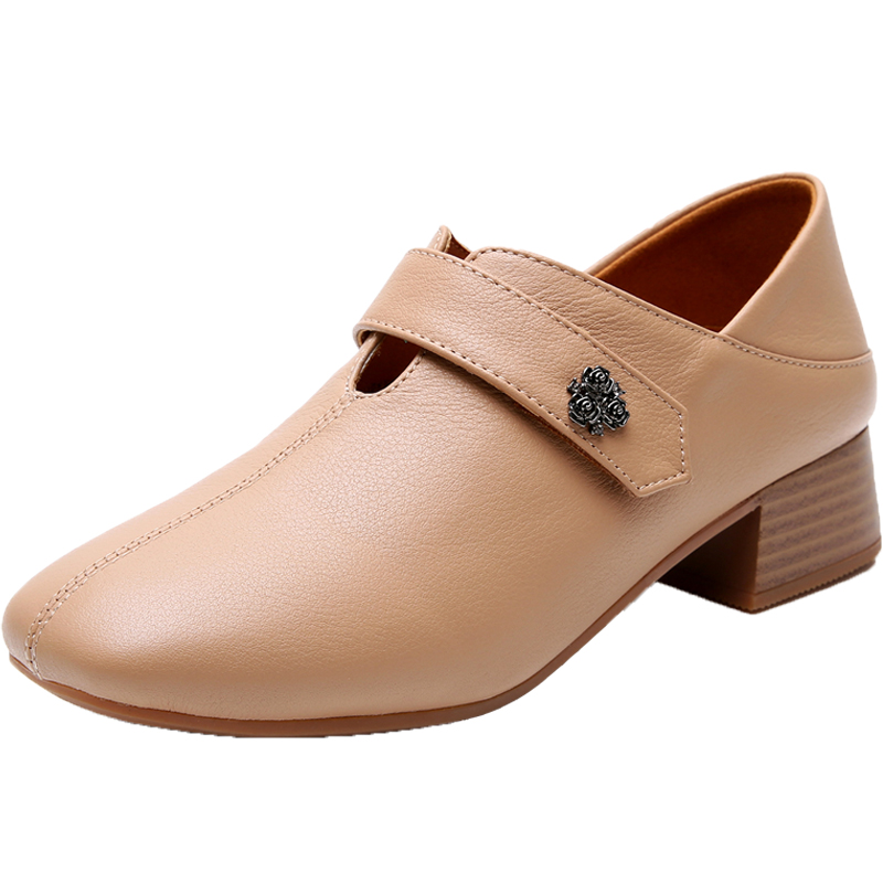 春季真皮女单鞋中年中跟皮鞋方头软底软皮大码妈妈鞋深口粗跟鞋子