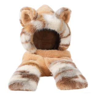 小熊毛绒围巾帽子手套一体女围脖毛茸茸冬防寒加厚三件套骑车保暖