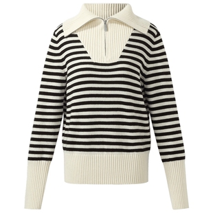 歌莉娅女装上衣毛针织衫秋季新款时尚条纹翻领毛衣1CCC5J010