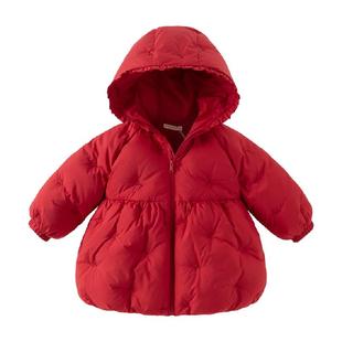 戴维贝拉女童红色羽绒服2025冬装新款儿童保暖外套宝宝新年拜年服