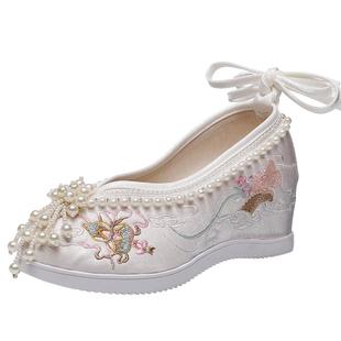 古风鞋子女汉服鞋增高内增高明制配高跟仙女鞋珍珠古装绣花汉服鞋