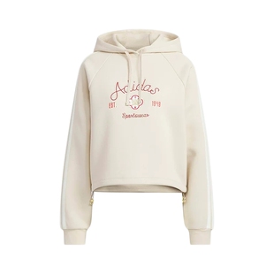 adidas阿迪达斯三条纹新年款连帽套头衫2026春女浅粉卫衣 KH2696