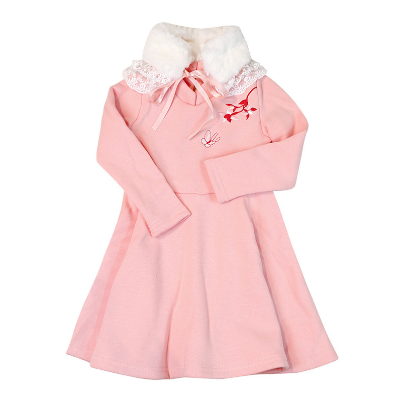 古风加薄绒连衣裙女童新年衣服拜年裙学生长袖绣花秋冬女生A字裙