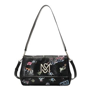 【新年礼物】MOUSSY潮流童趣涂鸦单肩腋下翻盖包黑色牛皮设计女包