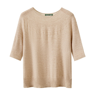 春竹早春新款100%绵羊毛圆领精致镂空钩花时尚高级感女短袖针织衫