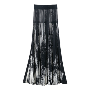 Amii2025冬新款抽绳绑带橡筋腰头提花百褶针织裙半身裙女挑孔裙子