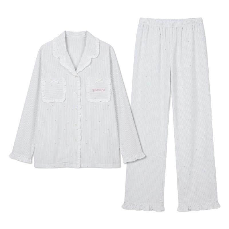 纯棉条纹睡衣套装女长袖家居服