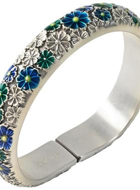 S999珐琅格桑花马蹄镯女实心活口银手镯民族风轻奢款送长辈送爱人