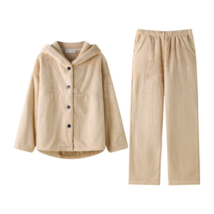 曼系“毛茸茸氛围”连帽珊瑚绒睡衣女秋冬时尚家居服保暖毛绒套装