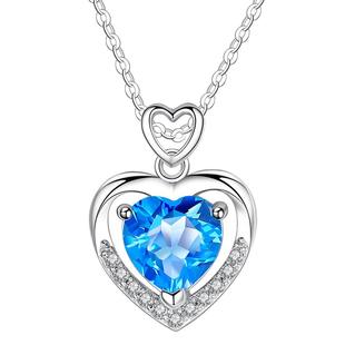 天然蓝色宝石项链女款女纯银海洋之心托帕石吊坠女士生日礼物女生