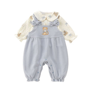 婴幼儿小熊刺绣背带裤套装男宝宝翻领外出哈衣小月龄男孩春季爬服