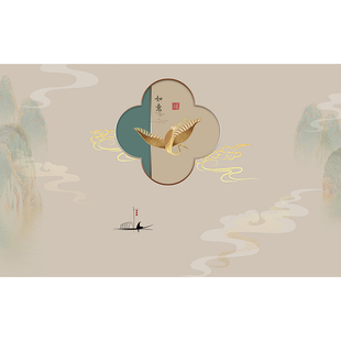 中式山水云纹电视背景墙壁纸客厅书房仙鹤定制壁画影视墙壁布墙纸