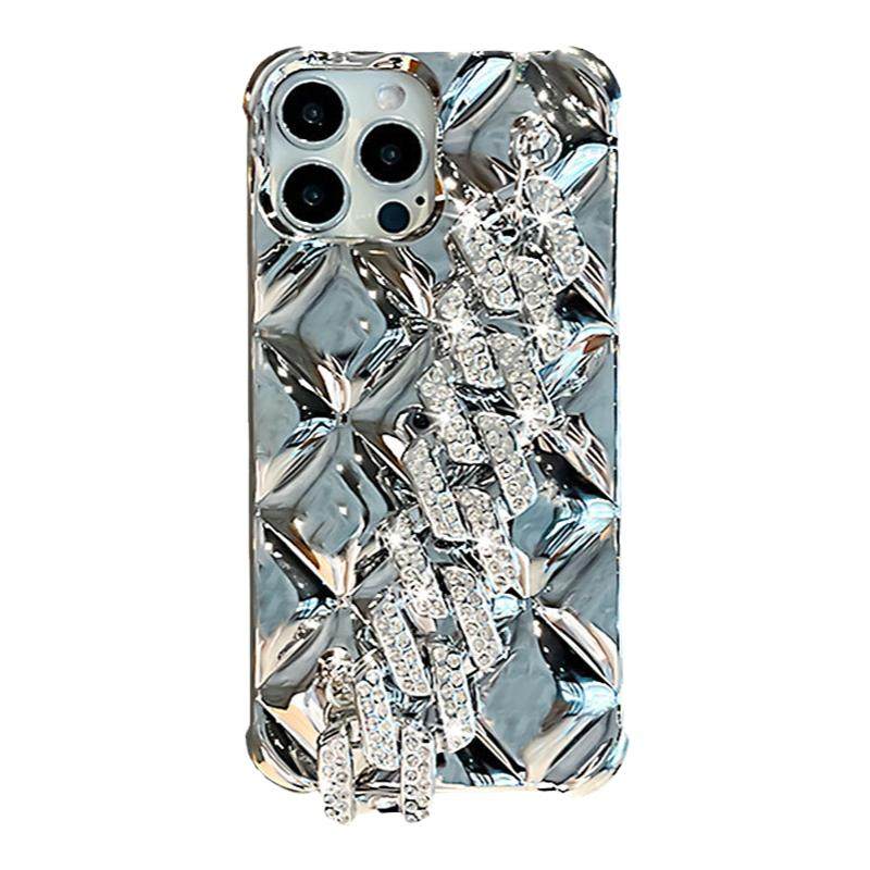 U记新款小香风菱格手机壳适用苹果14plus电镀iphone15promax镶水钻手链16pro时尚奢华13少女心12xr日韩保护套