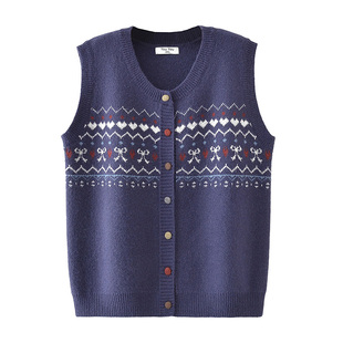 大码女装春秋新款复古提花包扣针织坎肩背心马甲叠穿无袖马夹上衣