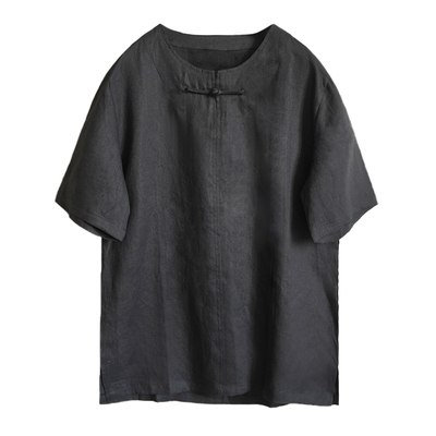 亚麻复古盘扣圆领潮流男士纯色