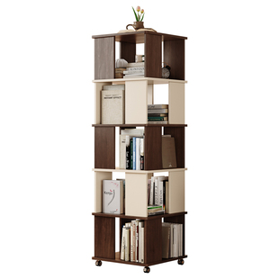 全实木旋转书架家用移动书柜中古风桦木客厅边柜书房卧室置物柜