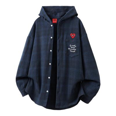查尔斯桃心美式复古连帽格子长袖衬衫男宽松情侣衬衣休闲百搭外套
