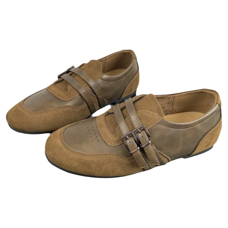 真皮反绒双搭扣内增高乐福鞋女
