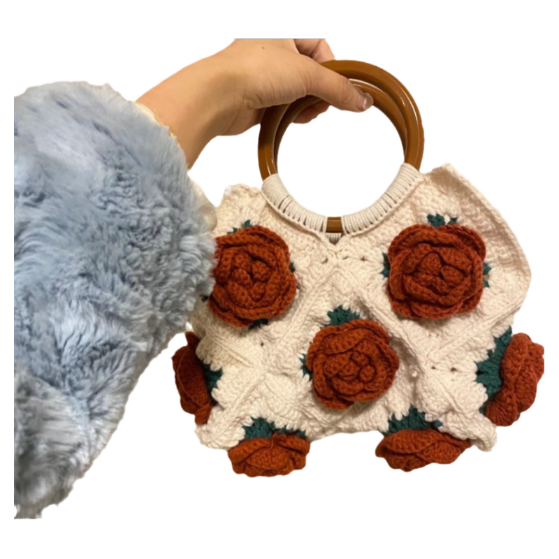 复古玫瑰手提包手工编织包包diy材料包毛线钩针单肩包送女朋友