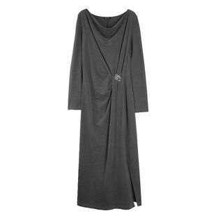 ELLE法式荡领优雅长袖连衣裙女2025冬季新款收腰气质垂感长裙子