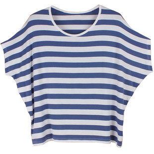 宽松大码莫代尔条纹T恤蝙蝠衫短袖上衣蝙蝠袖横条胖mm女夏季薄款