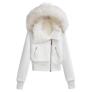 Lovedeath【氛围韩女】白色毛领连帽短款外套女冬季加绒棉衣棉服