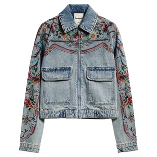 Desigual26秋冬新品复古花卉边框印花短款女式牛仔女式外套