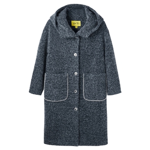 U/TI深灰色连帽长款外套女百搭廓感休闲连帽大衣尤缇2023冬季新款