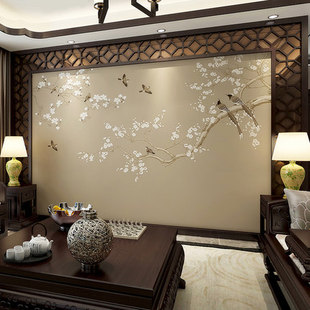 新中式 墙布电视背景墙家用卧室客厅床头壁纸墙布花鸟素雅无缝壁画