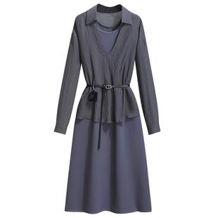 今年流行爆款长袖衬衣罩衫配吊带背心连衣裙女2026春装新款两件套