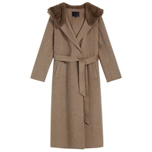 YINER音儿2025冬季新款阿尔巴斯初剪羊绒水貂帽领S型连帽长款大衣