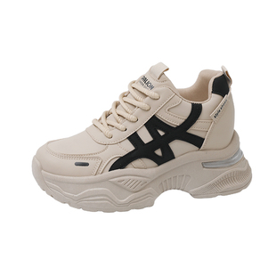 9CM内增高老爹鞋女34小码2025秋季新款皮面小个子厚底增高运动鞋