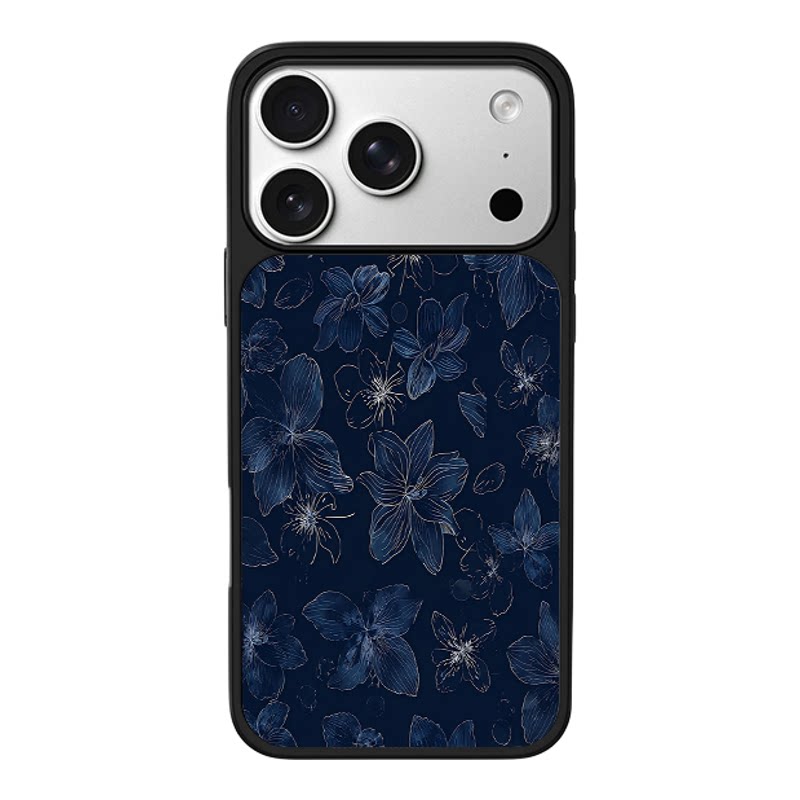 藏青金线线描花卉淡雅碎花适用苹果17promax新款手机壳iPhone air/16pro/15plus14玻璃13pro手机套冰感小米17