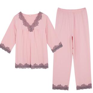 2025女款睡衣春夏竹纤维七分袖九分裤柔软蕾丝半袖居家服女秋薄款