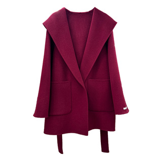 酒红色连帽小个子双面羊毛大衣女款2025新款秋冬简约简约毛呢外套