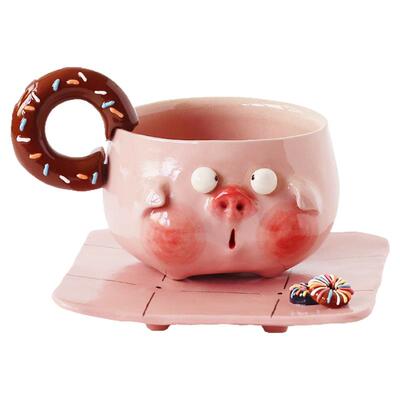 言下餐饮具咖啡杯粉色猪猪可爱甜甜圈带碟稀奇古怪釉下彩高温陶瓷