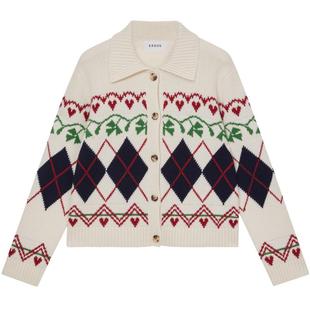 【菱形格提花羊绒衫】ERDOS 翻领宽松厚款针织开衫毛衣冬女