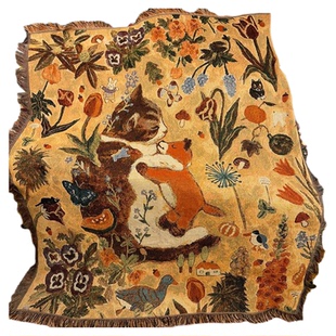 布谷小镇 猫咪抱小熊棉线编织挂毯 温暖治愈系手绘沙发盖巾毯子