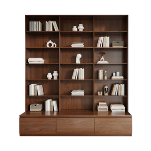 橡木定制书房满墙卡座一体书柜书架客厅全实木深胡桃木电视展示柜