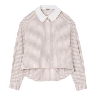 季末7折SANDRO2025秋冬新款女装仿珠饰娃娃领落肩袖棉质格纹衬衫