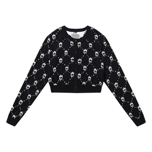 MISHKA春秋新款圆领修身慵懒感高级感老花针织开衫毛衫短外套女