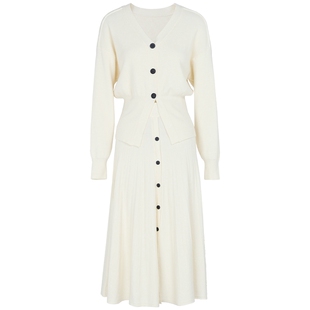 马天奴女装春秋新款时尚套装白色V领针织衫上衣气质长款半身裙子