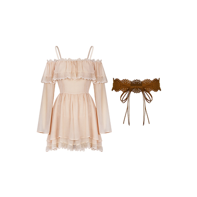 安妮不火 宫廷感刺绣花边一字领雪纺裙女微胖大码收腰少女连衣裙