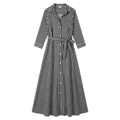 条纹衬衫袖不规则连衣裙
