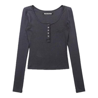 badblood美式基础款修身纽扣长袖T恤小众字母刺绣短款打底衫上衣